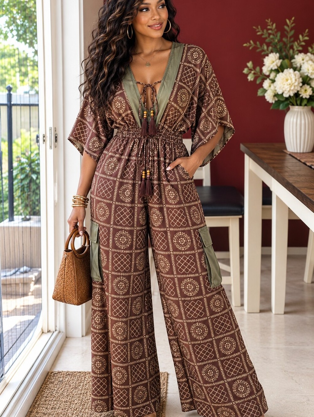 Bohemian Brown Printed Jumpsuit with Tassel Tie